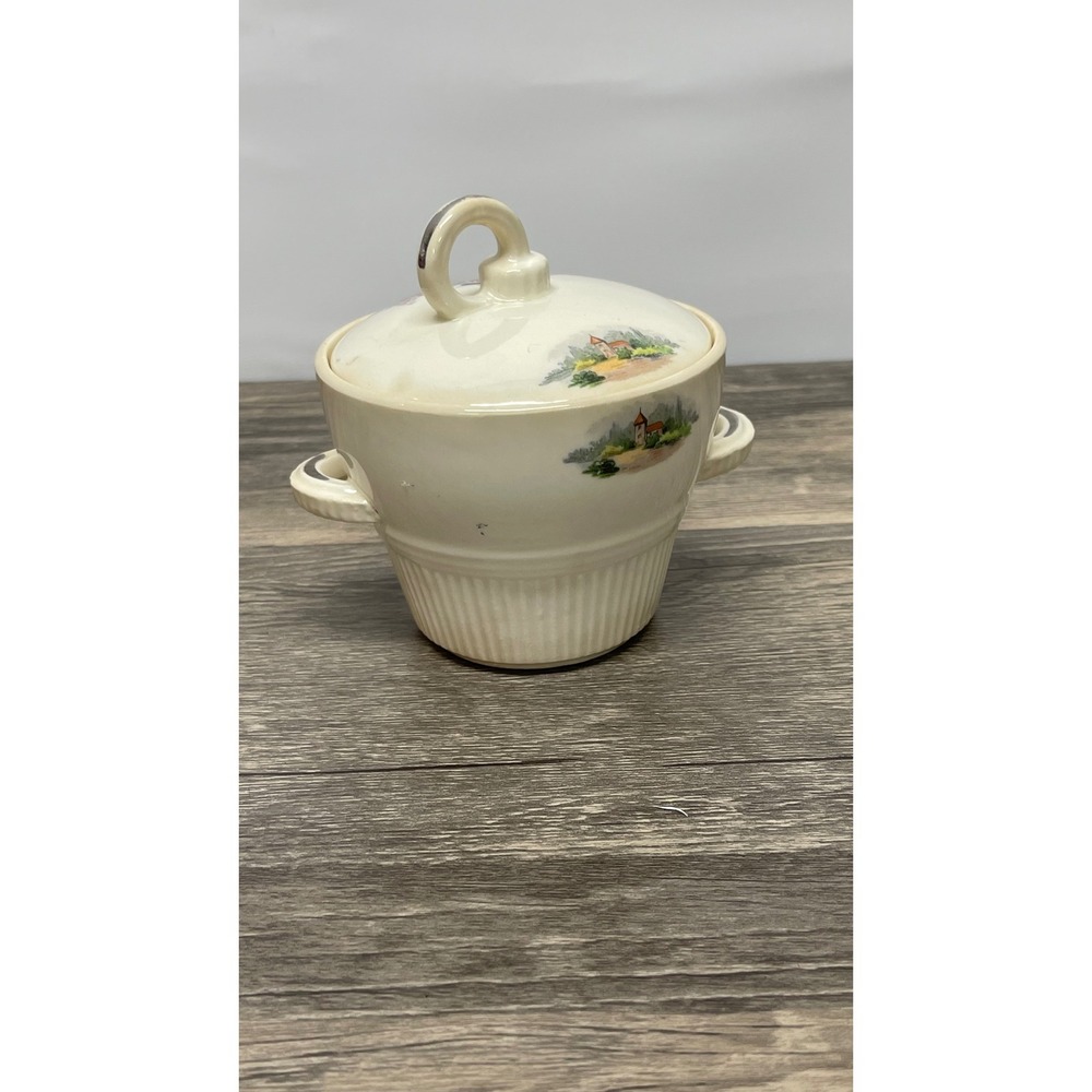 Salem China Co Godey Print Sugar Bowl Vintage Cream Ceramic Lidded Dish USA